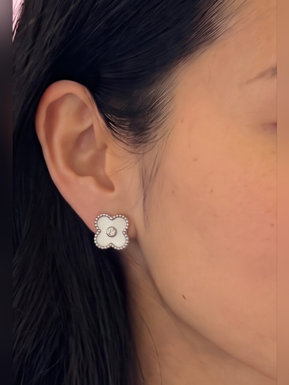Acer White Clover Stud Earrings with Beaded Edge